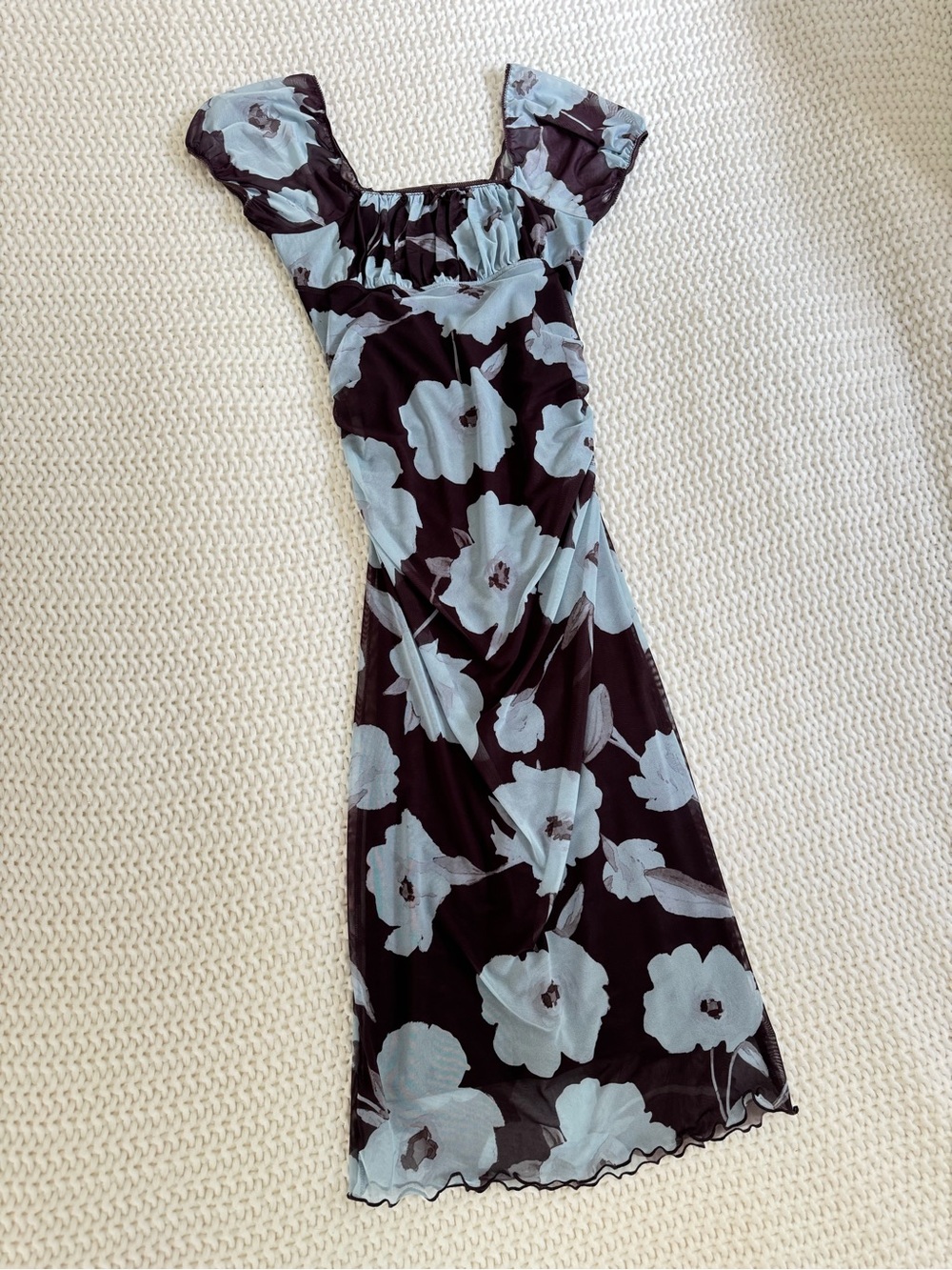 Anthropology Maeve Dark Brown Midi Dress with Light Blue Floral Print